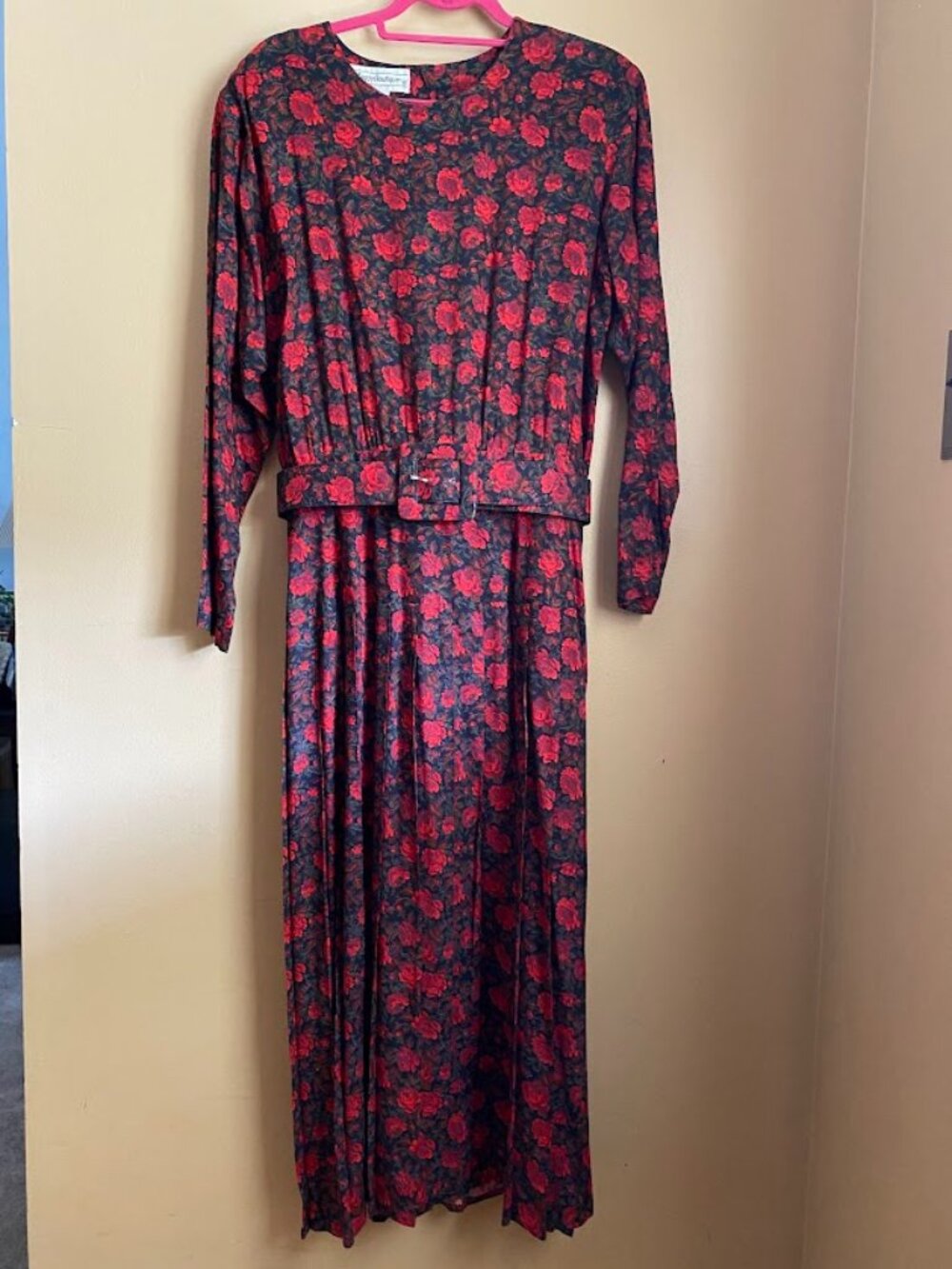 Red flowered long-sleeve dress